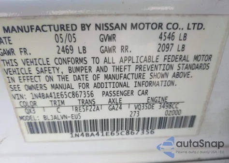 2005 Nissan Maxima 3.5 Sl из США, поврежденный, VIN 1N4BA41E65C867356